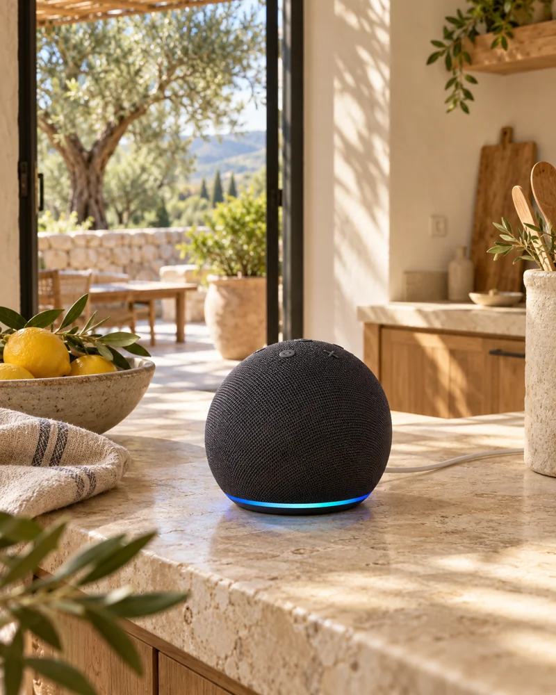 Un Echo Dot su un piano cucina in pietra calcarea in una villa mediterranea soleggiata