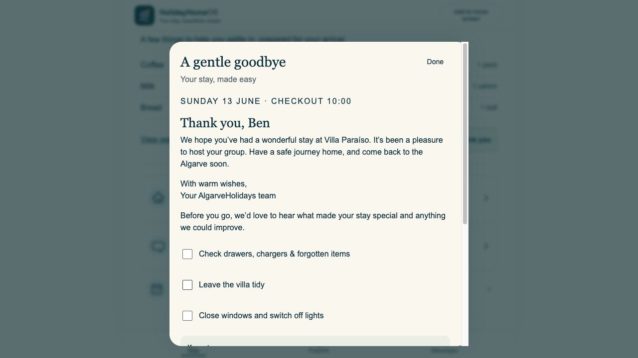 Guest demo departure panel with checkout guidance and a leaving checklist