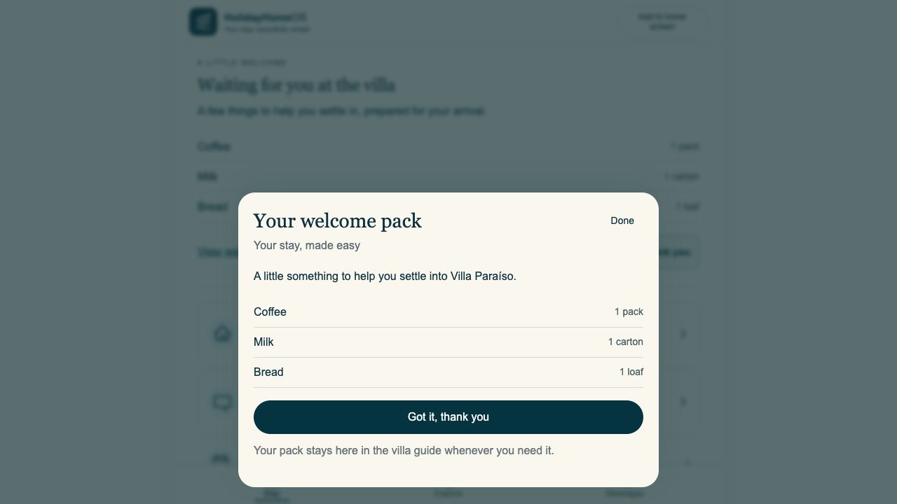 Guest demo welcome-pack panel listing items confirmed for the sample stay