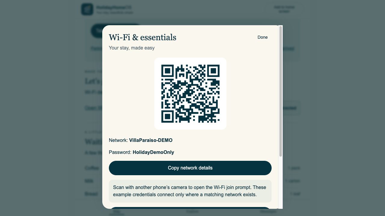 Guest demo Wi-Fi panel showing example connection details and a scan-to-join code