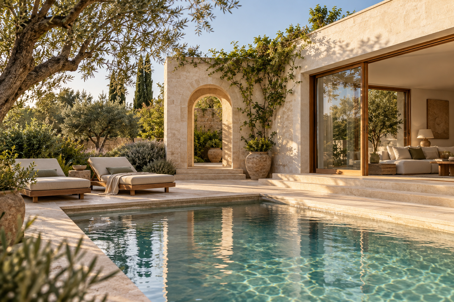 Villa vacanze fittizia al sole con piscina, giardino e terrazza ombreggiata