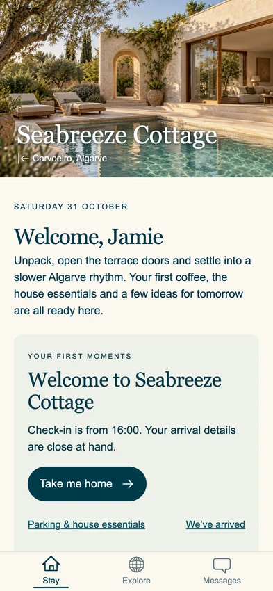Actual Seabreeze Cottage guest app home screen with its full villa hero and Welcome, Jamie greeting