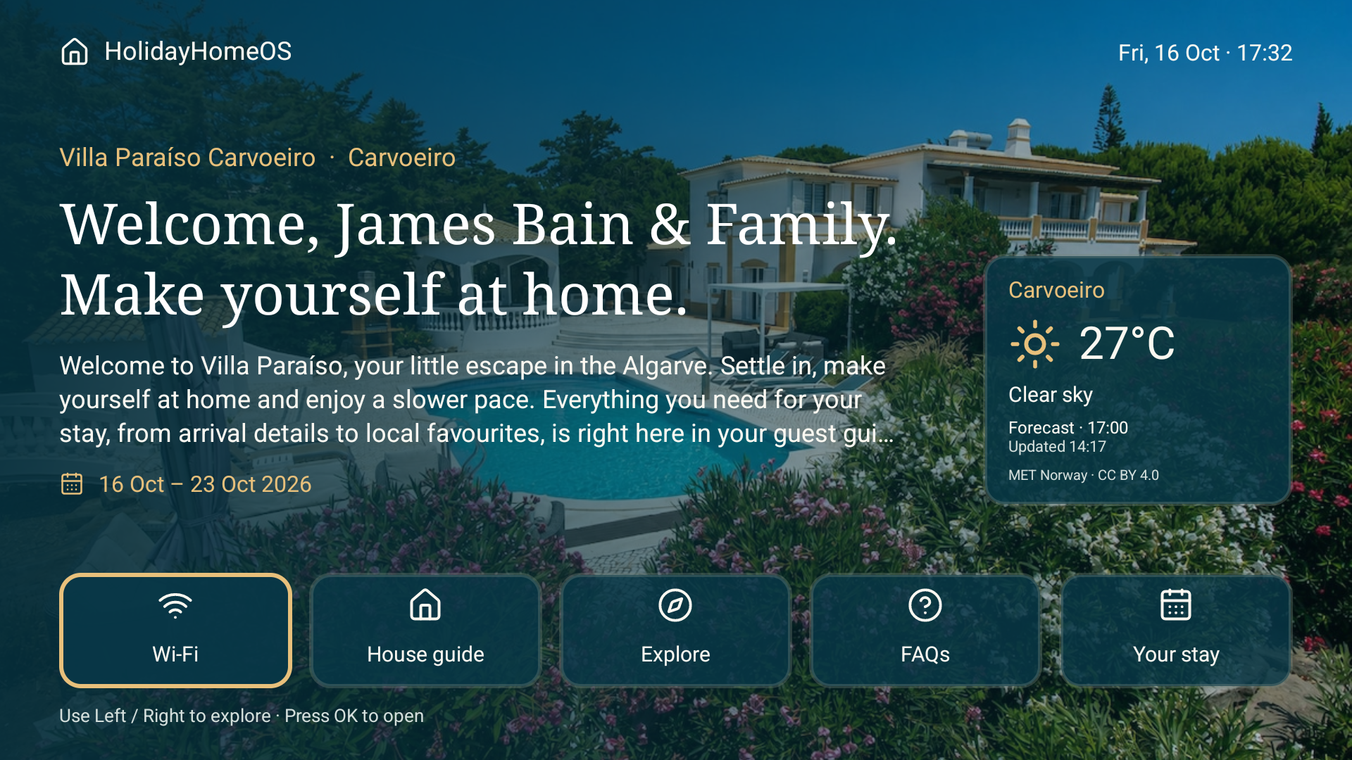 Actual HolidayHomeOS native TV app showing the personal welcome for the James Bain & Family example booking